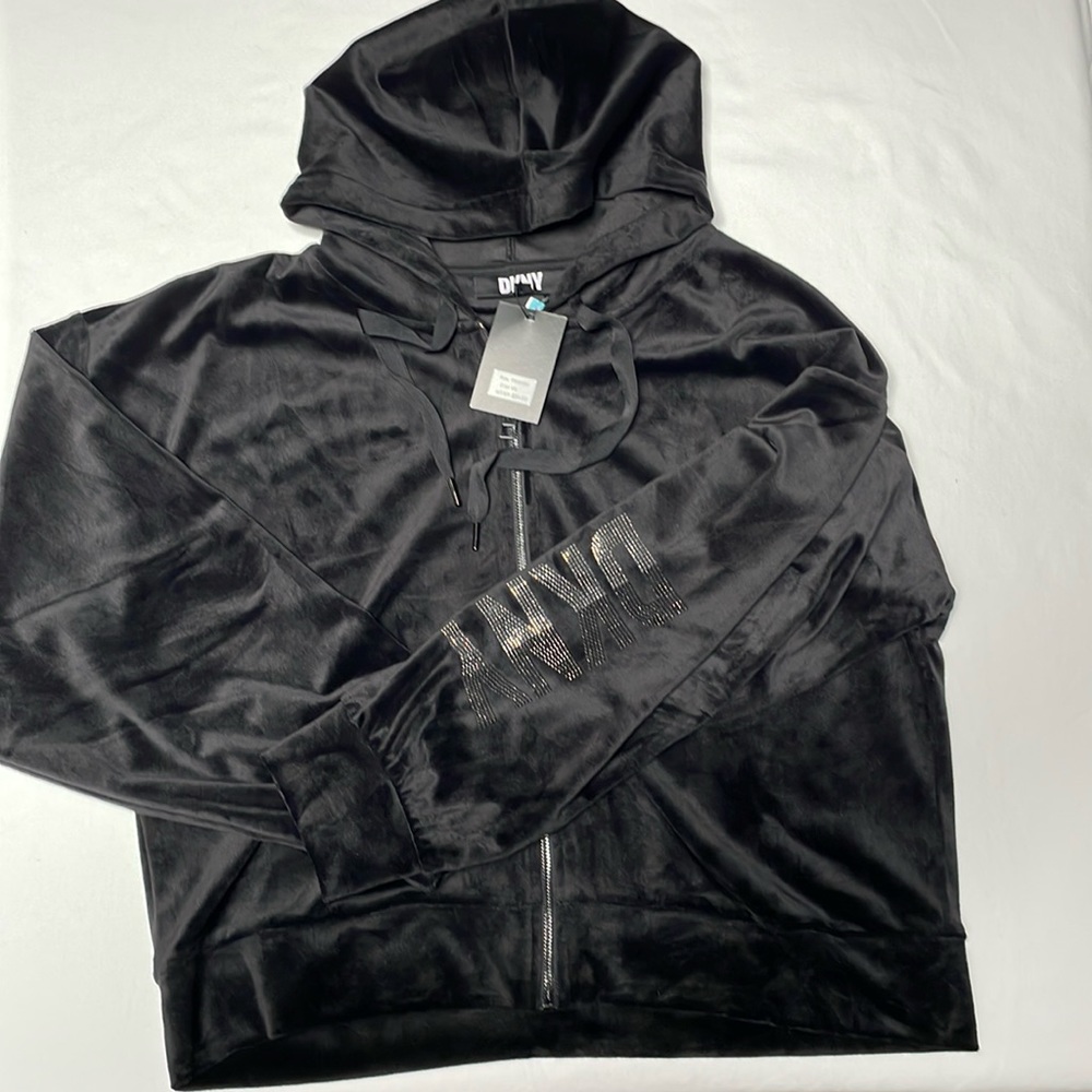 DKNY Size Large Black Velvet Hoodie*FULLLuxurious Zipper * Hood ties DKNY LOGO